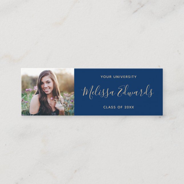 Classic blue class of graduation photo name card (Front)