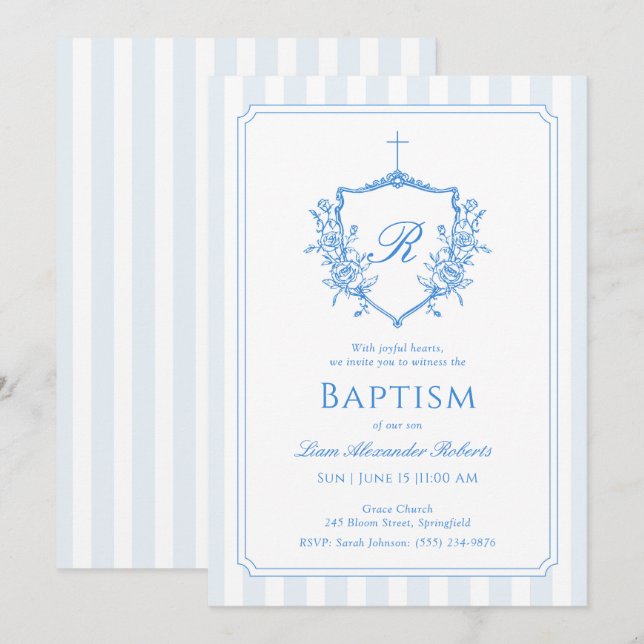 Classic Blue Crest Monogram Bap Invitation (Front/Back)