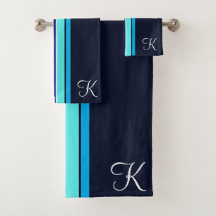 Classic Blue Cursive Monogrammed Line Art  Bath Towel Set
