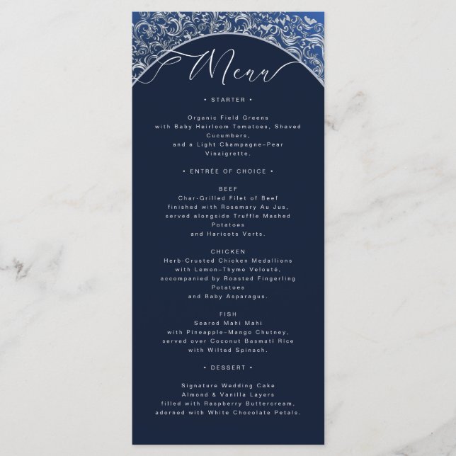 Classic Blue Damask Ornate Wedding Menu Card (Front)