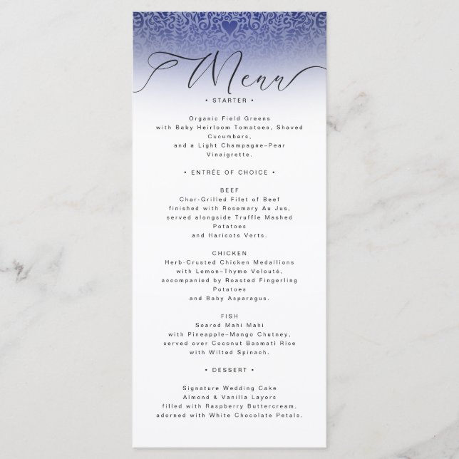 Classic Blue Damask Ornate Wedding Menu Card (Front)
