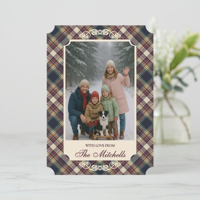 Classic Blue Dark Green Red Plaid Pattern Holiday Card (Standing Front)
