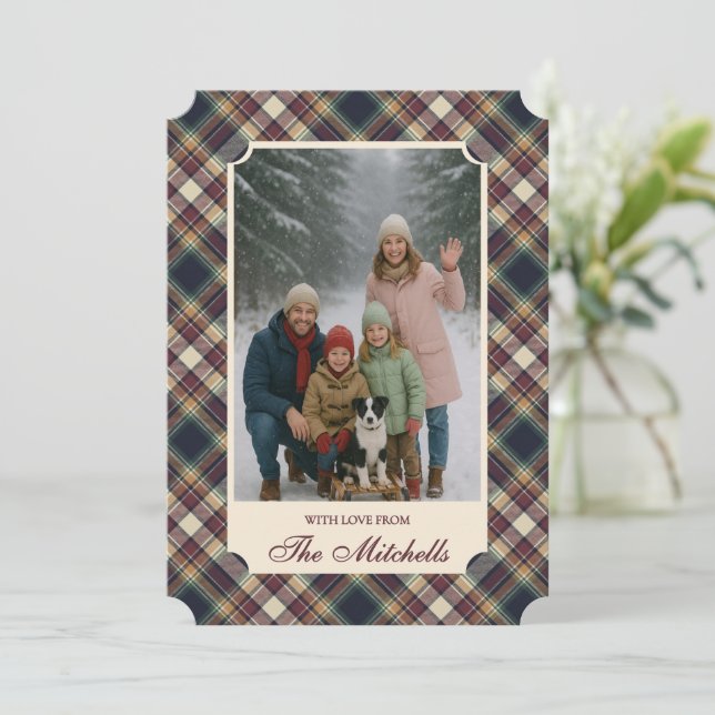 Classic Blue Dark Green Red Plaid Pattern Holiday Card (Standing Front)