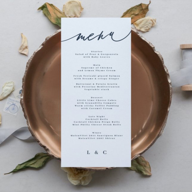 Classic Blue Elegant Navy White Monogram Menu (Creator Uploaded)