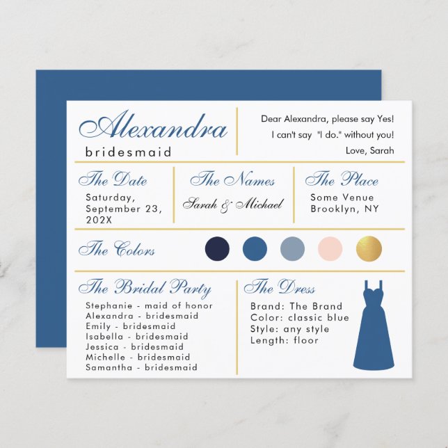 Classic Blue Faux Gold Bridesmaid Information Card (Front/Back)