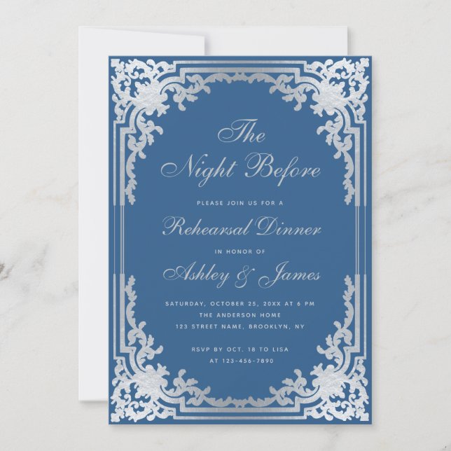 Classic Blue Faux Silver Vintage Rehearsal Dinner Invitation (Front)