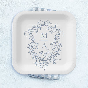 Classic Blue Floral Crest Monogram Wedding Paper Plate