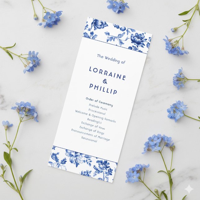 Classic Blue Floral delftware wedding ceremony  Programme (Blue delftware inspired wedding program surrounded by flowers.)