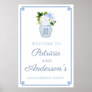 Classic Blue Floral Ginger Jar Engagement Party Poster