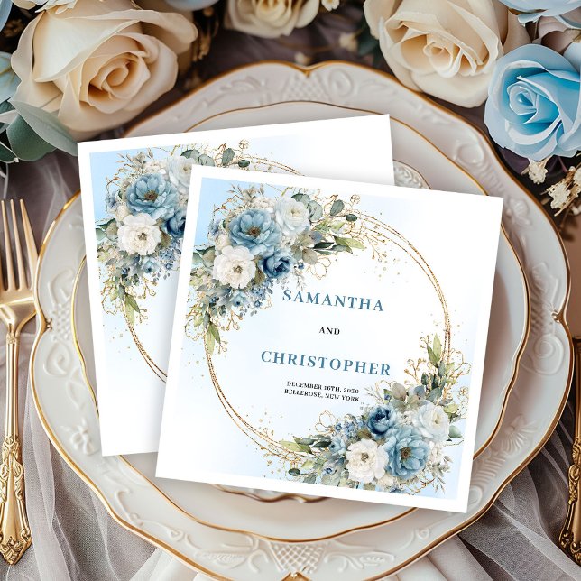 Classic Blue Floral Gold Frame Wedding Napkins (Classic Blue Floral Gold Frame Wedding Napkins)