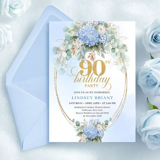 Classic Blue Floral Gold Greenery 90th Birthday  Invitation (Classic Blue Floral Gold Greenery 90th Birthday Invite)