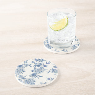 Classic Blue Floral Toile Watercolor Pattern White Coaster