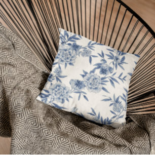 Classic Blue Floral Toile Watercolor Pattern White Cushion