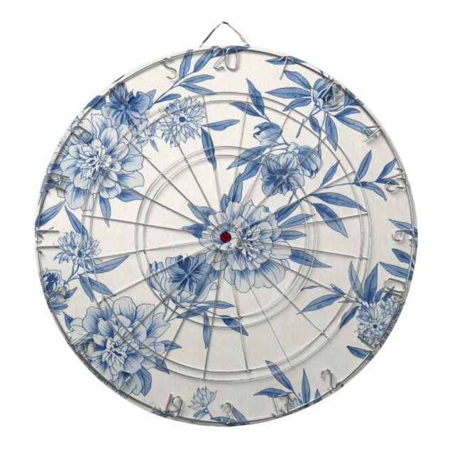 Classic Blue Floral Toile Watercolor Pattern White Dartboard (Front)