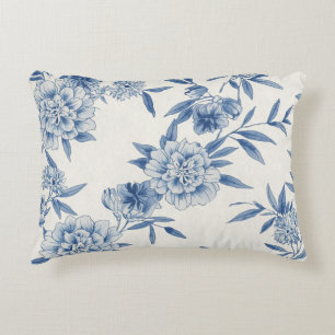 Classic Blue Floral Toile Watercolor Pattern White Decorative Cushion