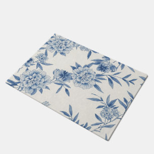Classic Blue Floral Toile Watercolor Pattern White Doormat