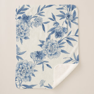 Classic Blue Floral Toile Watercolor Pattern White Sherpa Blanket