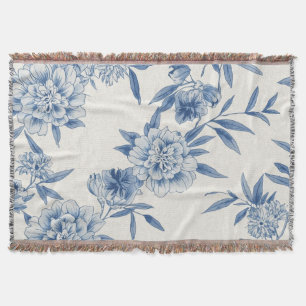 Classic Blue Floral Toile Watercolor Pattern White Throw Blanket