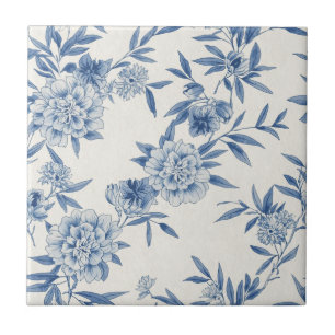 Classic Blue Floral Toile Watercolor Pattern White Tile
