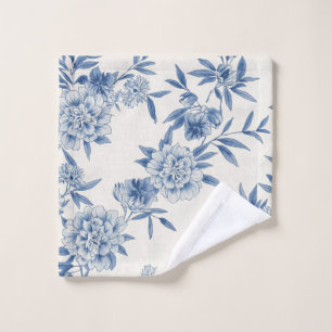Classic Blue Floral Toile Watercolor Pattern White Wash Cloth