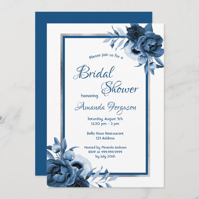 Classic blue florals white silver Bridal Shower Invitation (Front/Back)