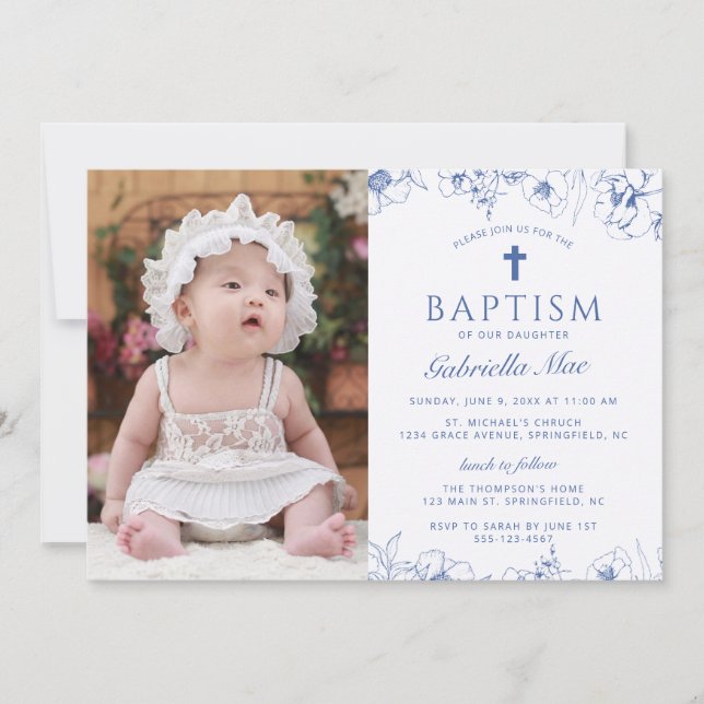 Classic  Blue Flowers Baptism Photo Invitation (Front)