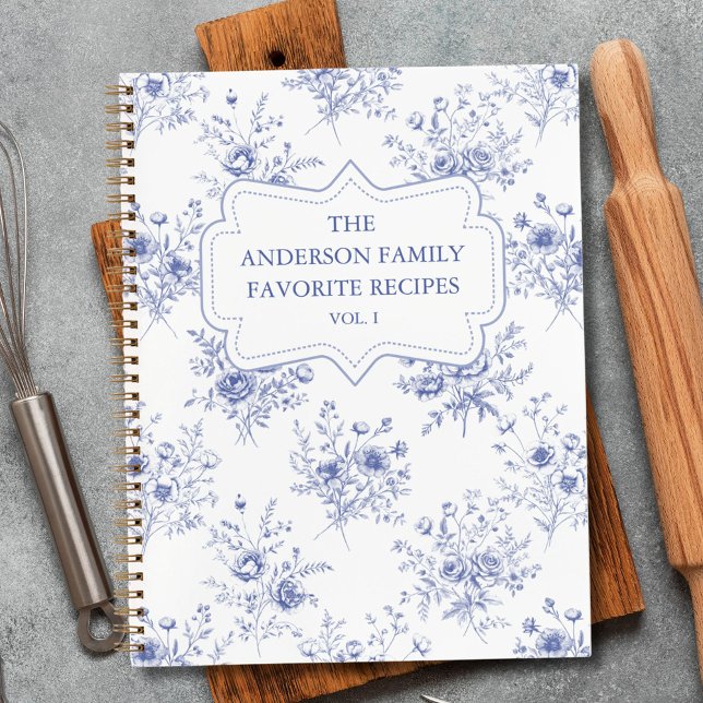 Classic Blue Flowers Floral Pattern Family Recipe  Notebook (In situ)