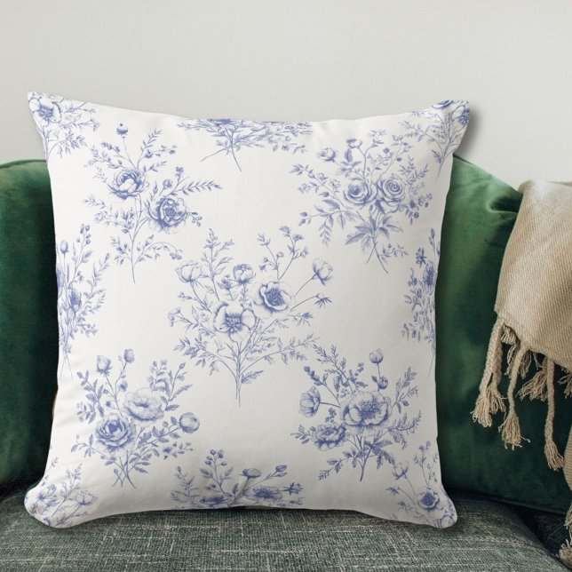 Classic Blue Flowers Pattern French blue toile Cushion (In situ)