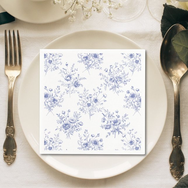 Classic Blue Flowers Pattern French blue toile Napkin (In situ)