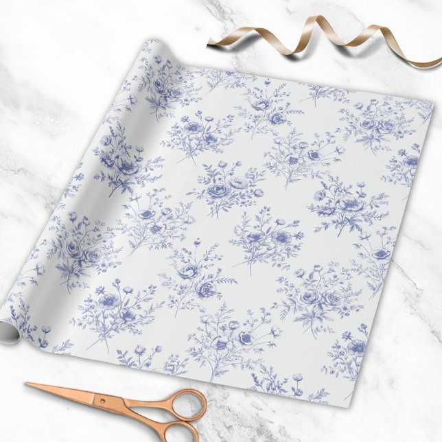 Classic Blue Flowers Pattern French blue toile Wrapping Paper (In situ)