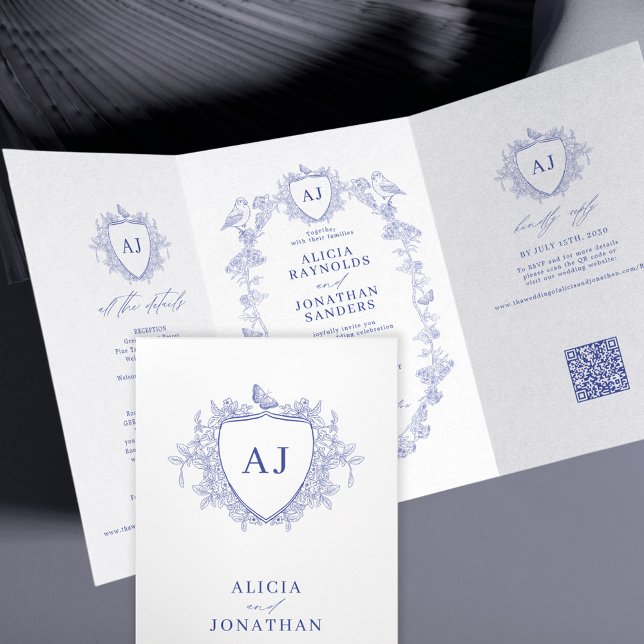 Classic blue French floral QR code wedding Tri-Fold Invitation (Creator Uploaded)