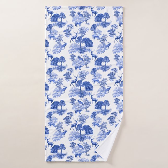 Classic Blue French Toile Deer Forest Countryside Bath Towel (Bath Towel)