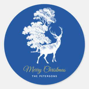 Classic Blue French Toile Deer in Forest Round Sticker