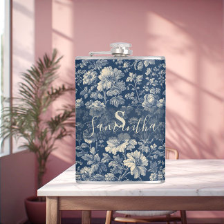 Classic Blue French Toile Floral Blossoms Vintage  Hip Flask