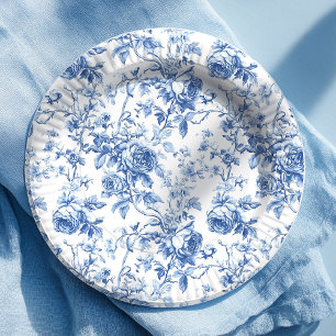 Classic Blue French Toile Roses Floral Paper Plate