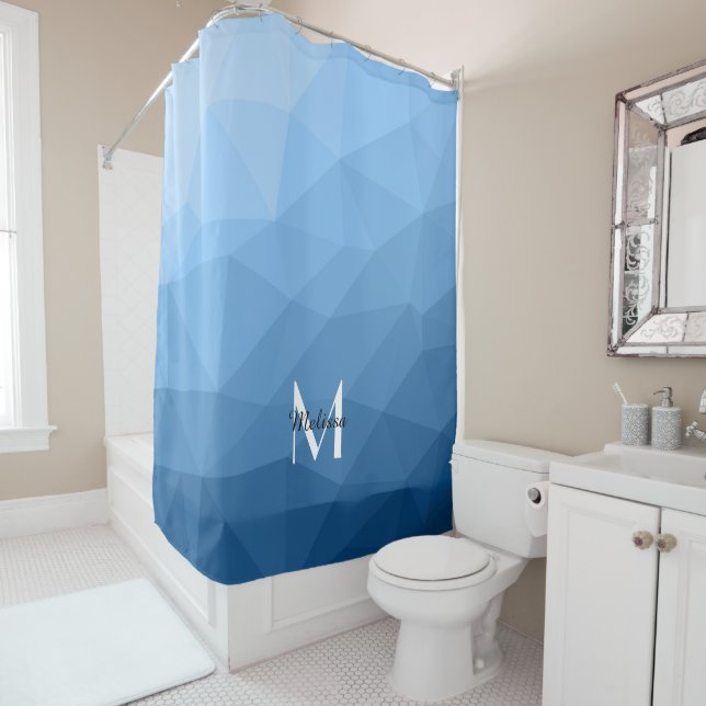 Classic Blue geometric mesh ombre pattern Monogram Shower Curtain (In Situ)