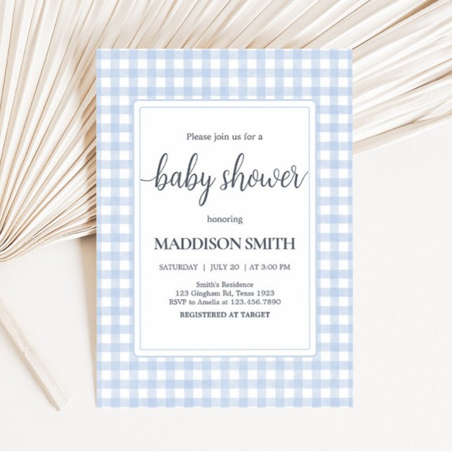 Classic Blue Gingham Baby Shower  Invitation (Boy Gingham Baby Shower Invitation)