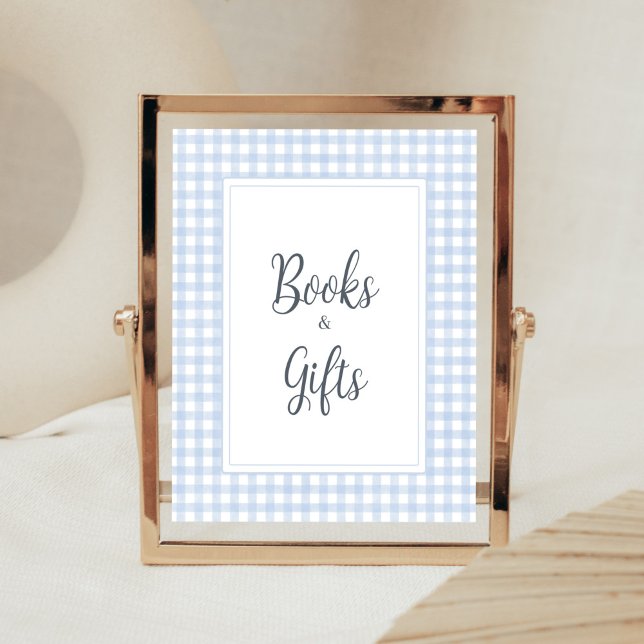 Classic Blue Gingham Books and Gifts Poster (Boy Gingham Baby Shower Books and Gifts Sign)