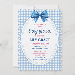 Classic Blue Gingham & Bow Baby Shower Invitation
