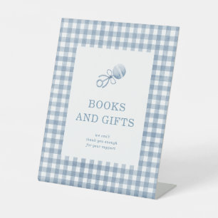Classic Blue Gingham Boy Baby Shower Books & Gifts Pedestal Sign