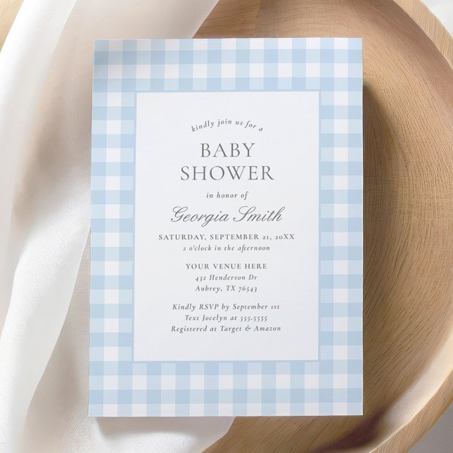 Classic Blue Gingham Boy Baby Shower Invitation (Creator Uploaded)