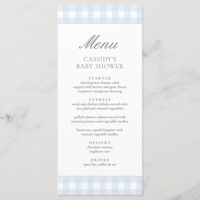 Classic Blue Gingham Boy Baby Shower Menu (Front)