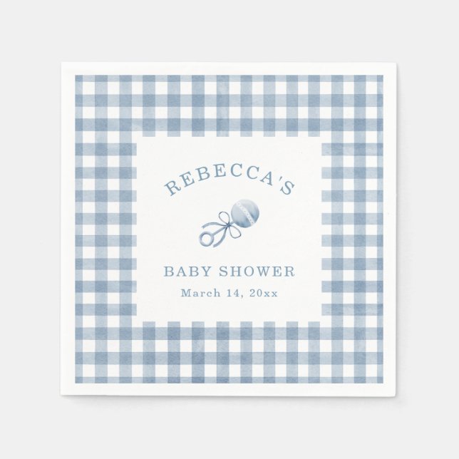 Classic Blue Gingham Boy Baby Shower Napkin (Front)