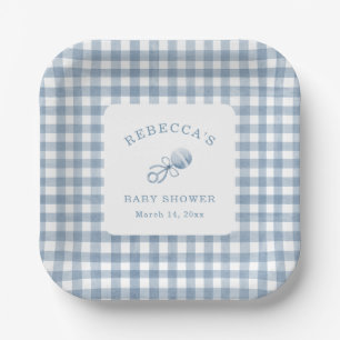 Classic Blue Gingham Boy Baby Shower Paper Plate