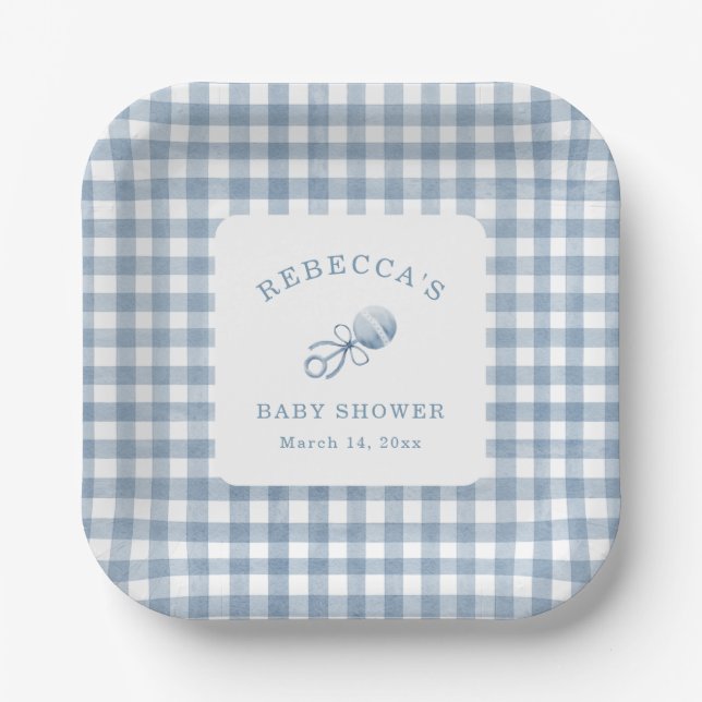 Classic Blue Gingham Boy Baby Shower Paper Plate (Front)