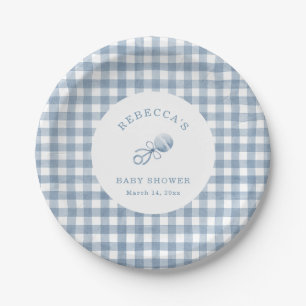 Classic Blue Gingham Boy Baby Shower Paper Plate