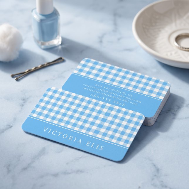 Classic Blue Gingham Business Card (Simulated business cards on table)