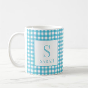Classic Blue Gingham Plaid Monogram Name Coffee Mug