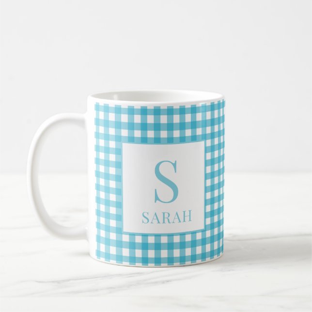 Classic Blue Gingham Plaid Monogram Name Coffee Mug (Left)