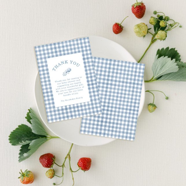 Classic Blue Gingham Rattle Boy Baby Shower Thank You Card (Creator Uploaded)